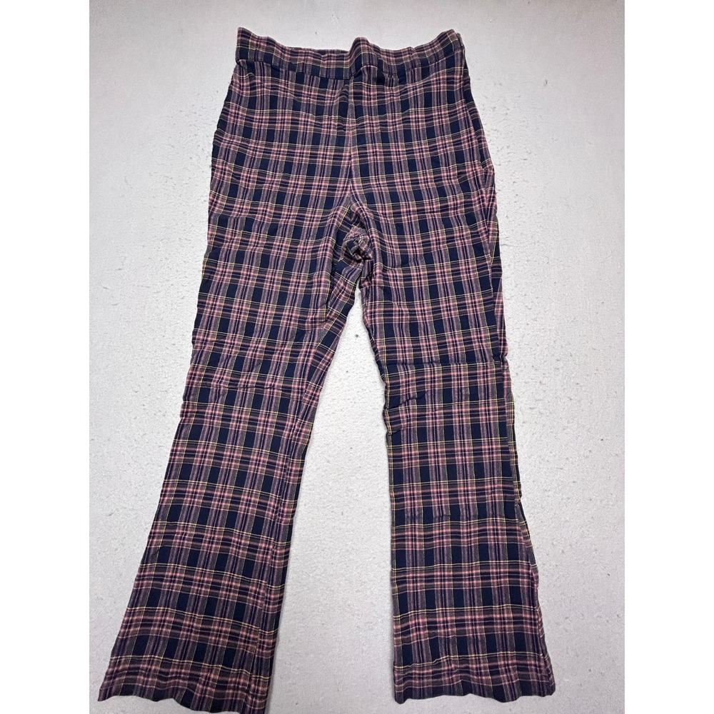 Urban Outfitters Flare Pants Viscose Blend Plaid Navy Pink Size US 12 Womens